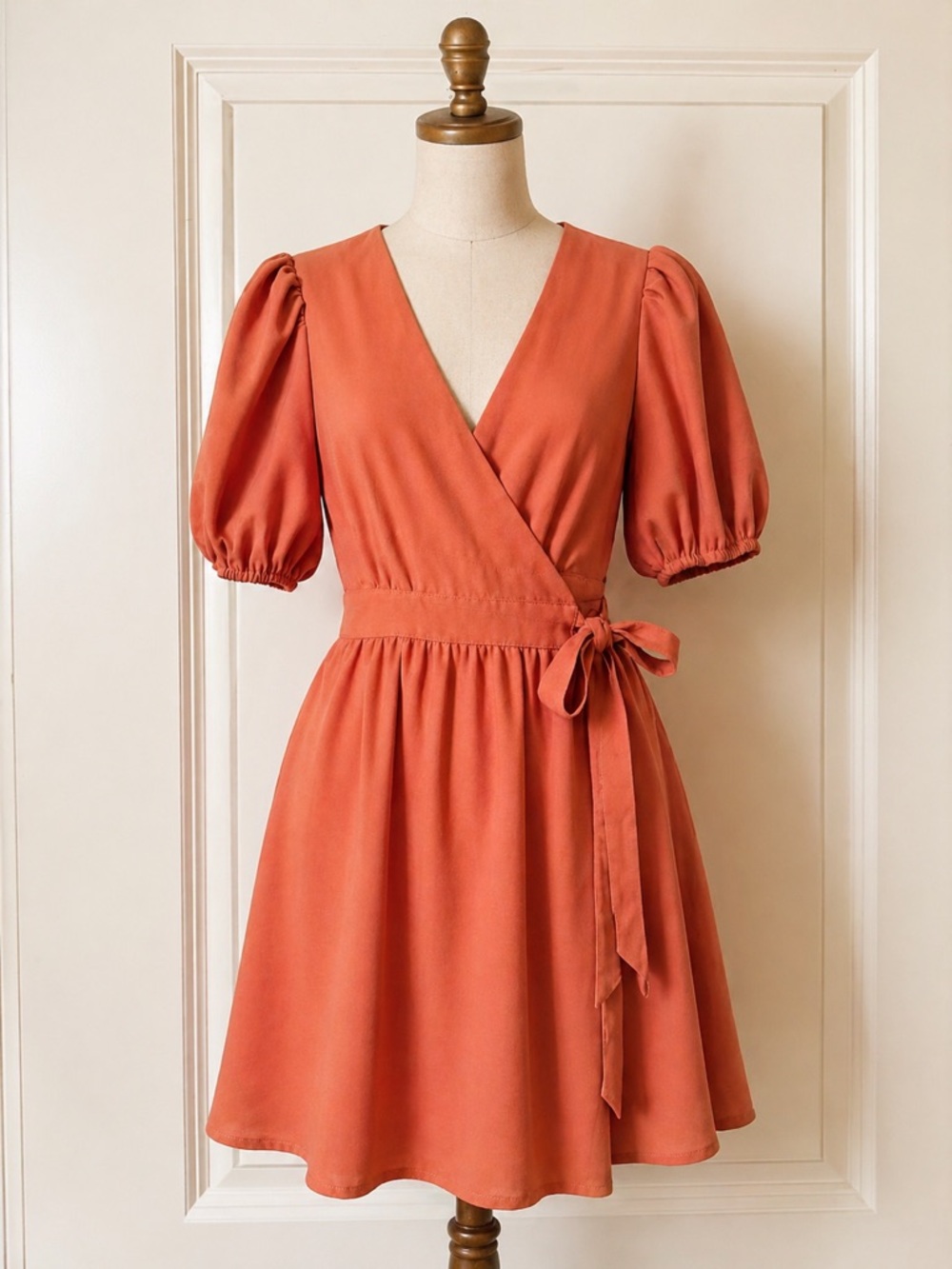 Lulus Rusty Rose Open Back Wrap Dress Puff‎ Sleeve Tie Waist Mini Small